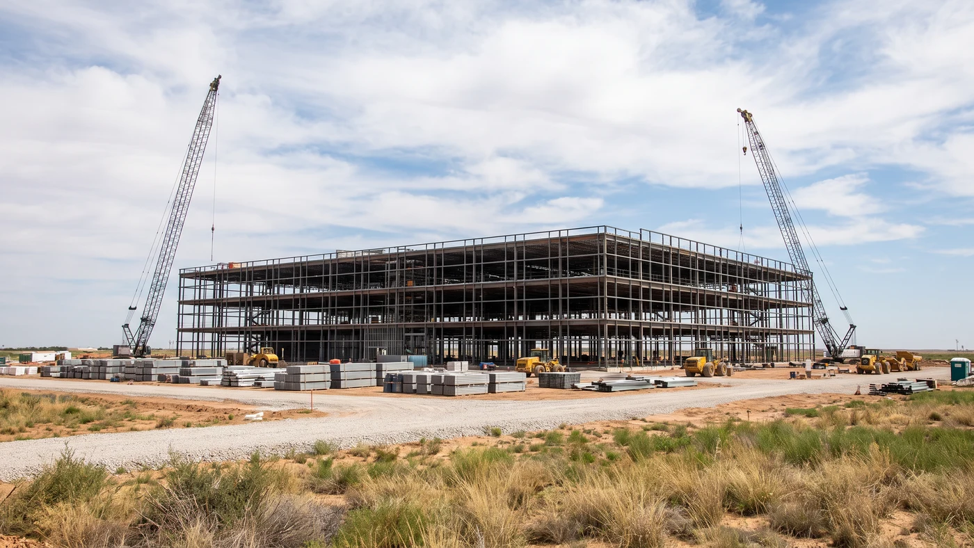 An anonymous steel-frame data center building rises between two cranes on open plains.